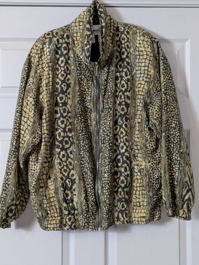 Vintage 90s Silk Animal Print Zip-Front Jacket in Black and Gold Size Large
